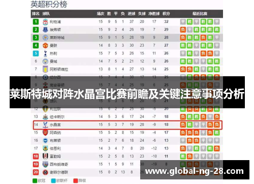 莱斯特城对阵水晶宫比赛前瞻及关键注意事项分析