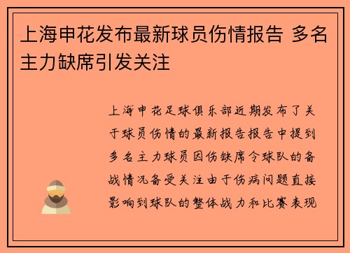 上海申花发布最新球员伤情报告 多名主力缺席引发关注