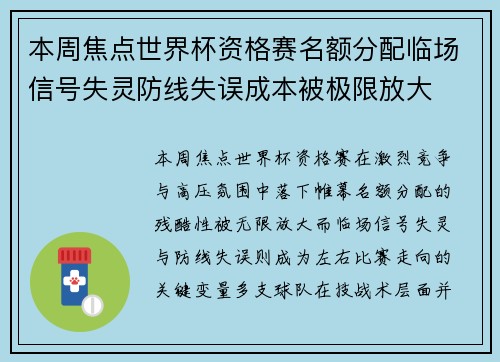 本周焦点世界杯资格赛名额分配临场信号失灵防线失误成本被极限放大